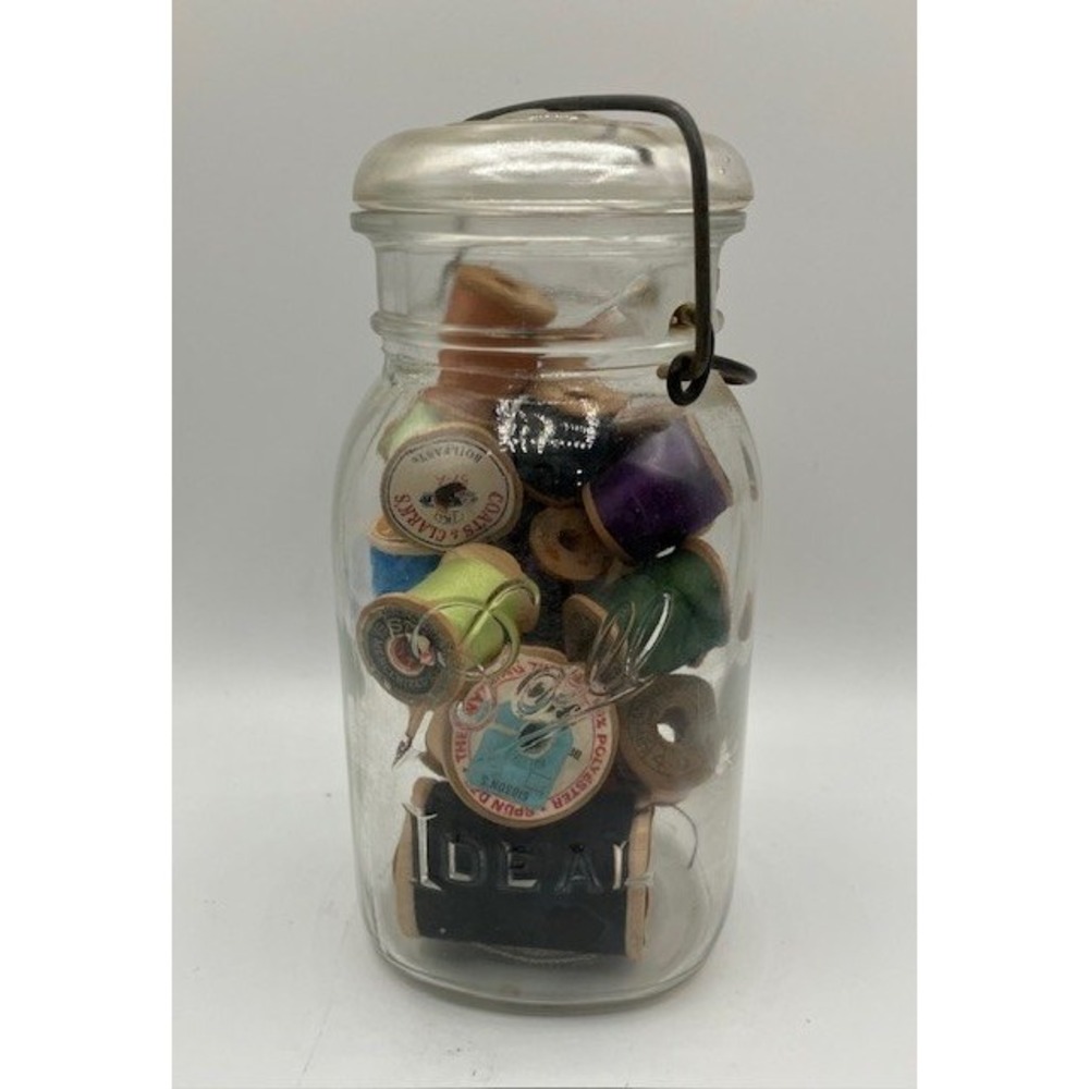 Vintage Wire Side Ball Jar by Ideal with 19 Wooden‎ Thread Spools 7"